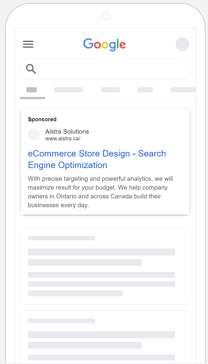 Google 移动搜索结果中显示的 Alstra 赞助搜索广告