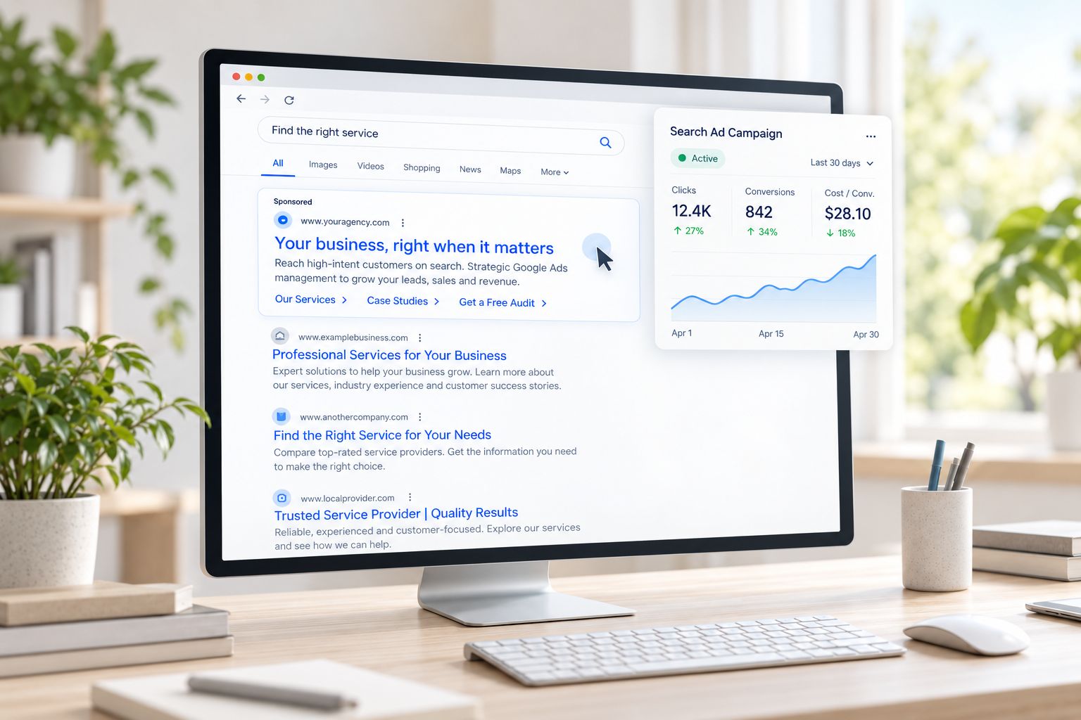 Desktop monitor displaying a sponsored search result alongside an advertising campaign performance panel in a softly lit office.