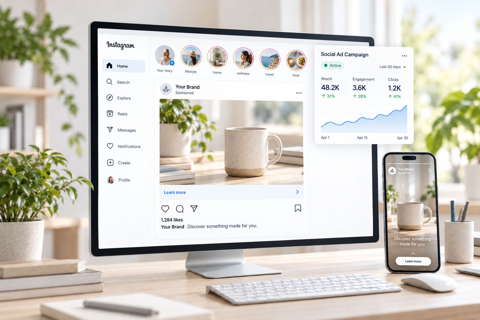 Desktop monitor and smartphone displaying sponsored Instagram feed and story ads alongside a social advertising performance panel.